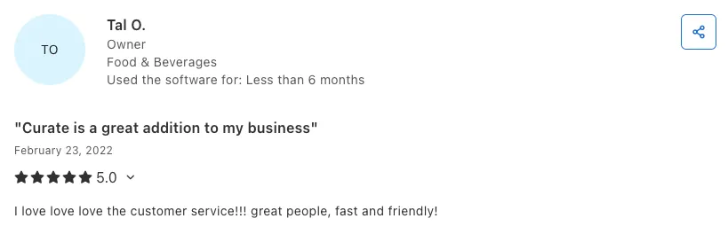 Tal O - Curate is a great addition to my business review screenshot