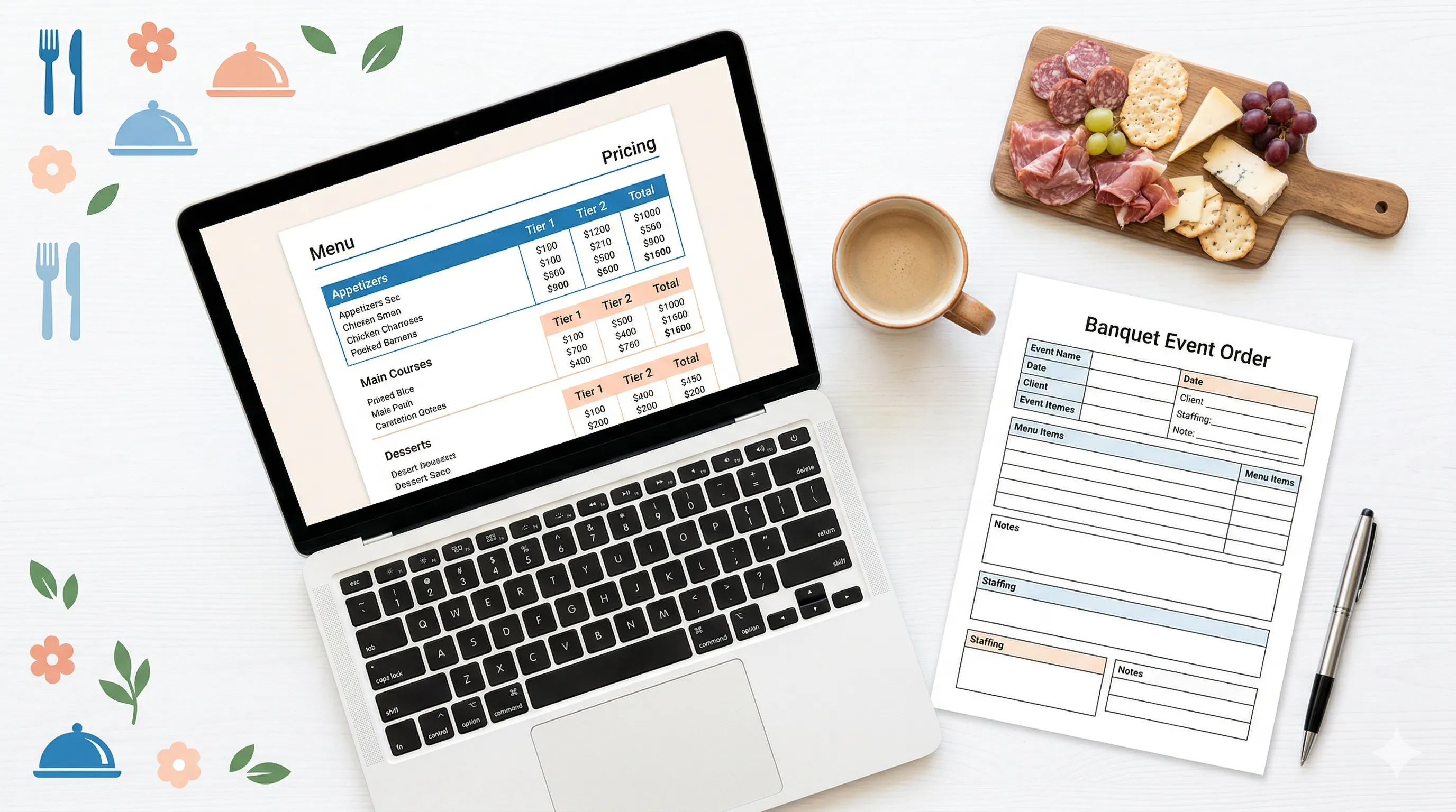 A catering professional's workspace with laptop showing a clean proposal, BEO document, and styling accents