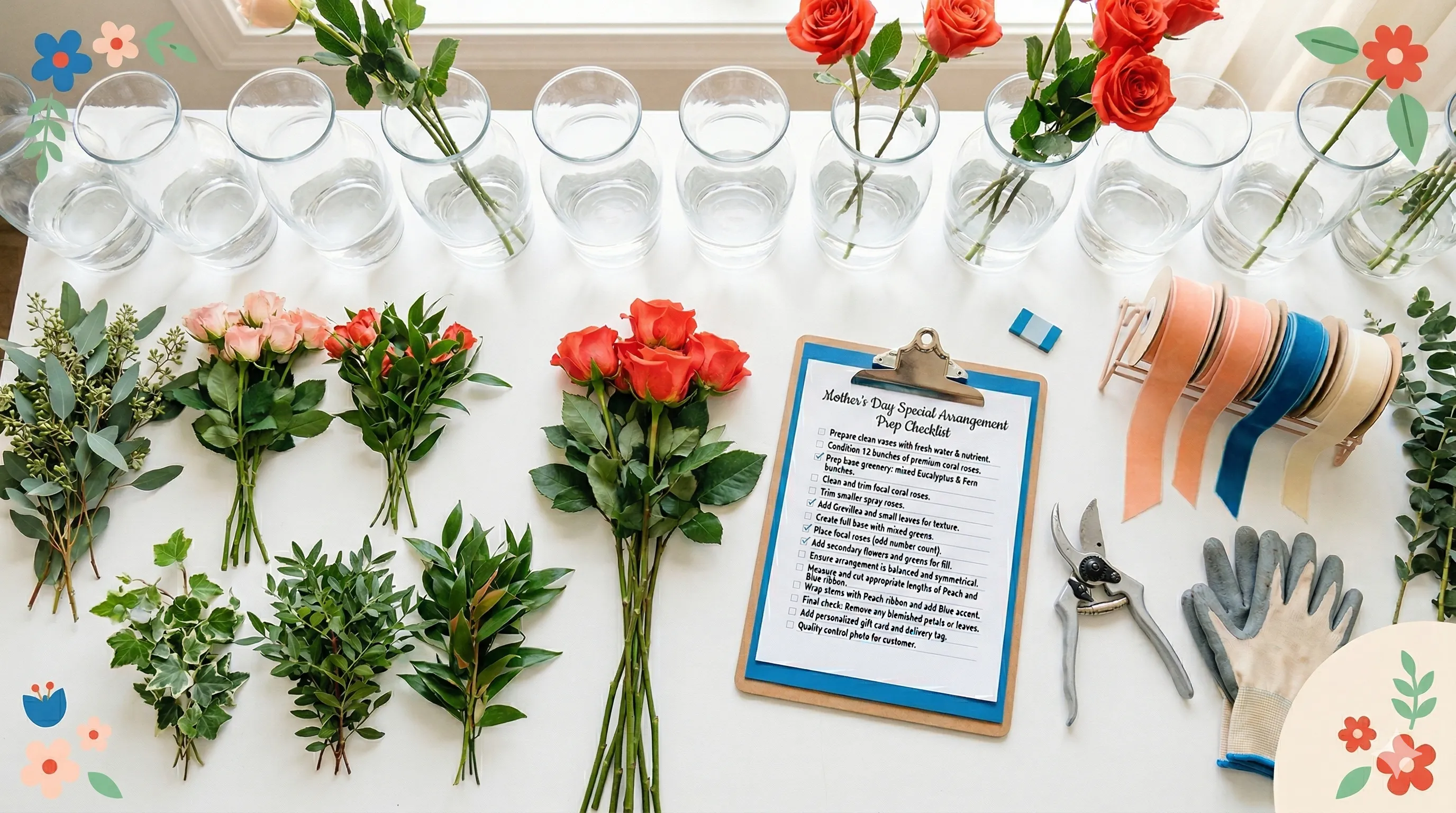 Overhead view of organized florist production workspace with vases, roses, greenery, and recipe cards during Mother's Day prep