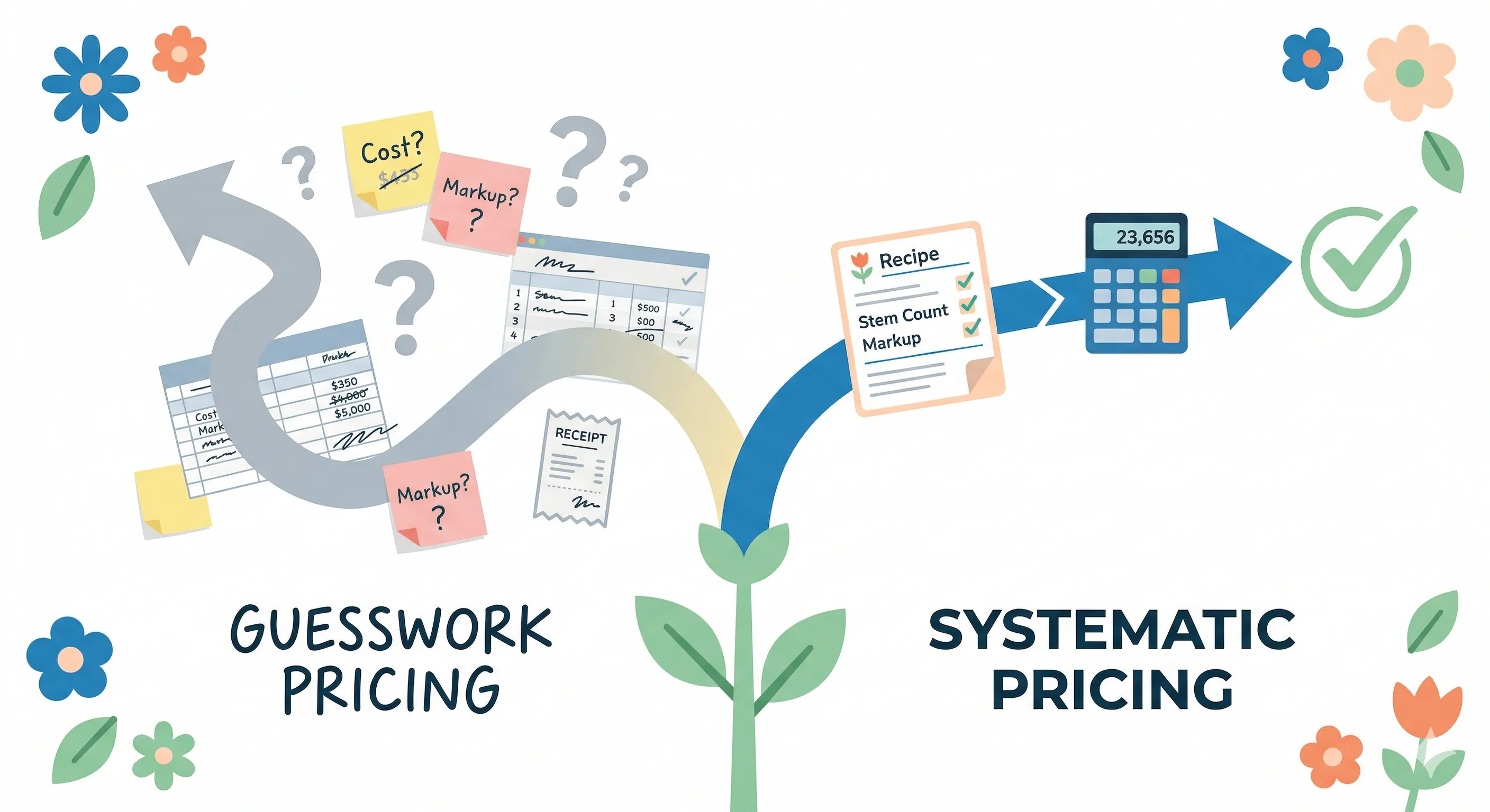 Florist workspace with laptop showing proposal software, surrounded by fresh flowers and pricing notes