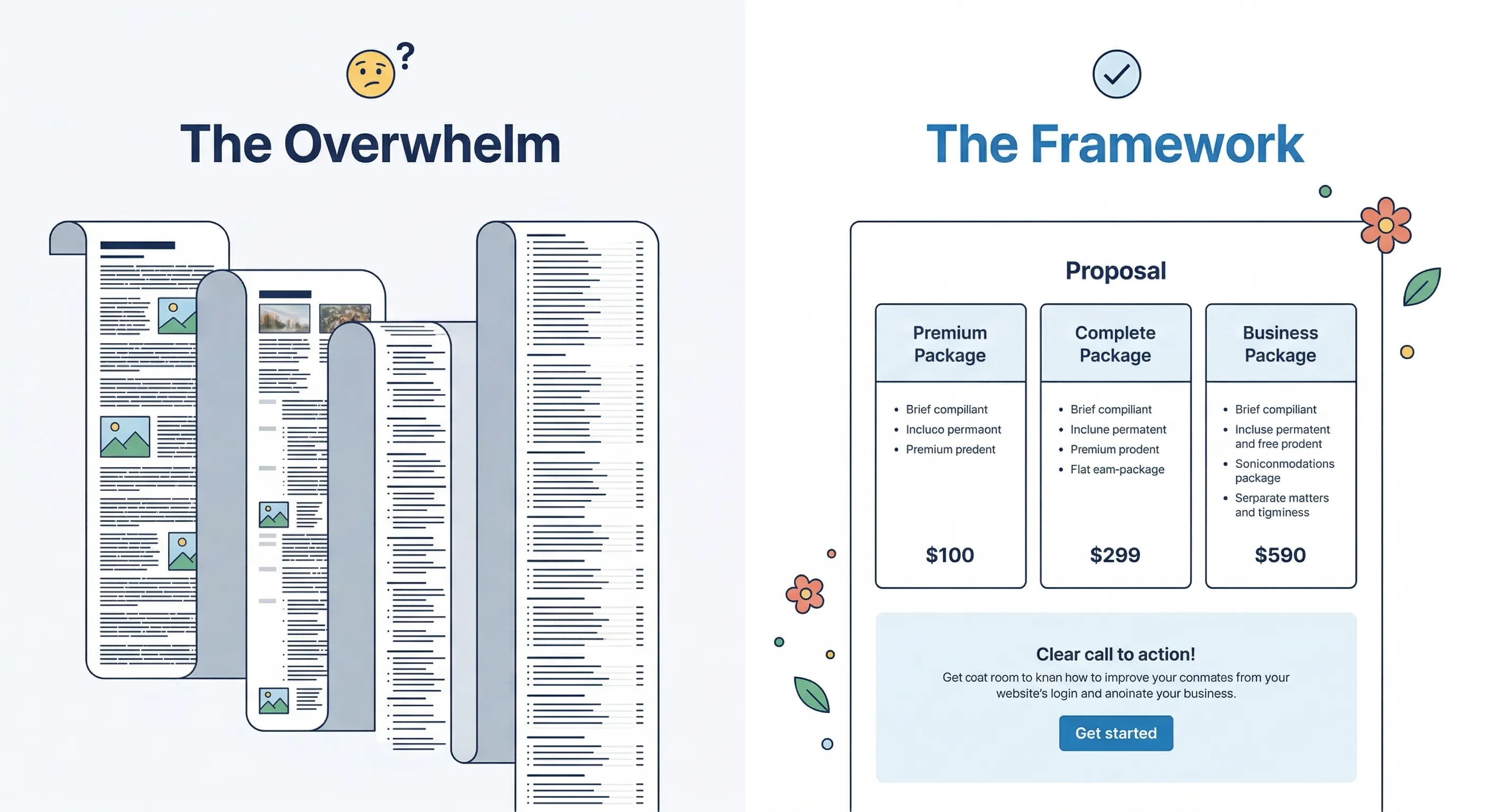 Two contrasting proposals side by side — an overwhelming document versus a clean three-tier framework